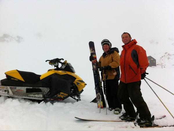 Father and son (L to R) Paul and Jason Collins used their snowmobile to access 'first tracks' at Mt Hutt today (Monday April 22).
